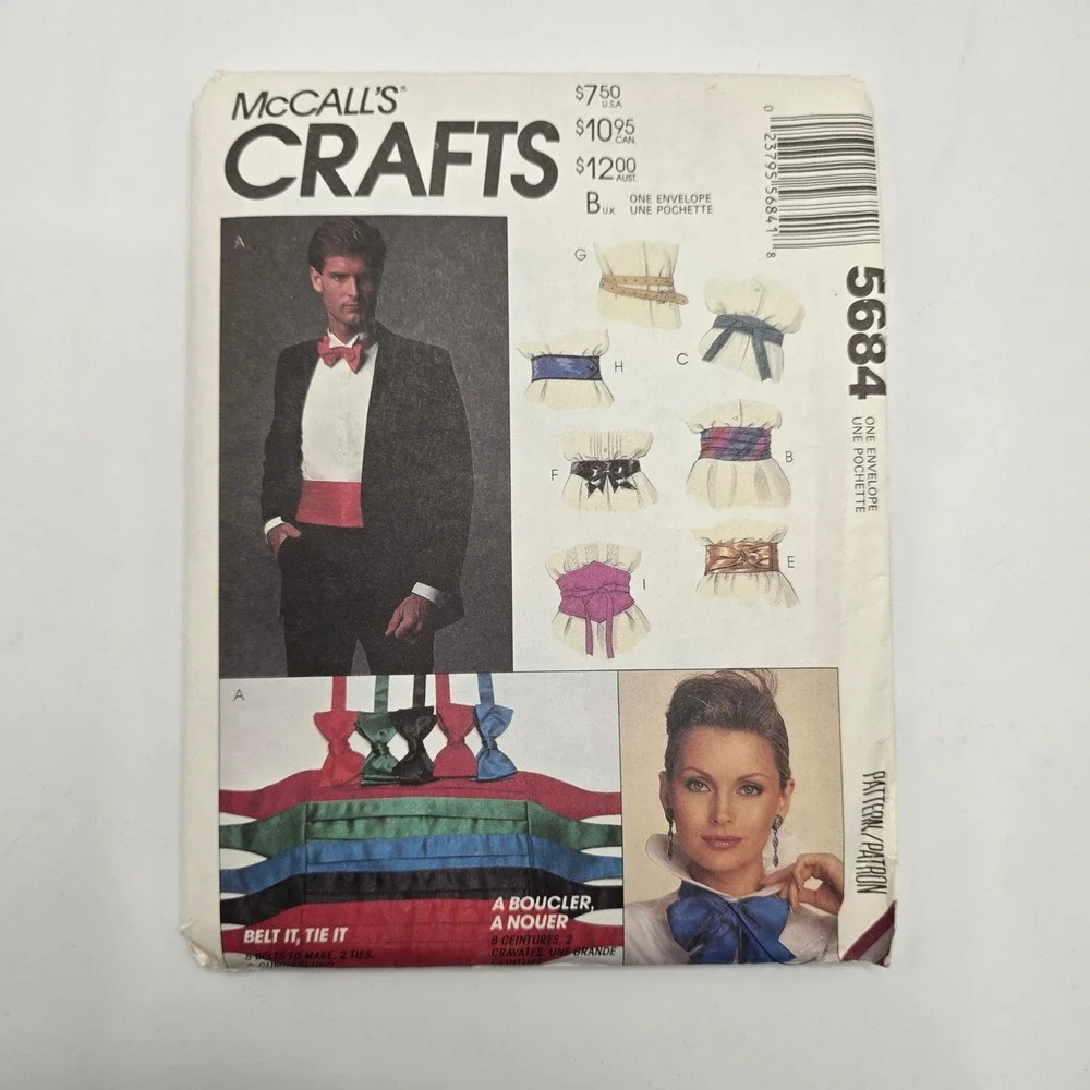 McCall's 5684 Sewing Pattern Belt Tie Cummerbund Formal Accessory Vintage 1991